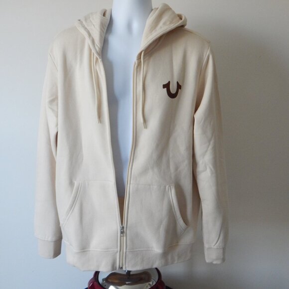True Religion Men’s Solid SRS Full Zip Fleece Hoodie Jacket Light Beige LRG NWT - Picture 8 of 9